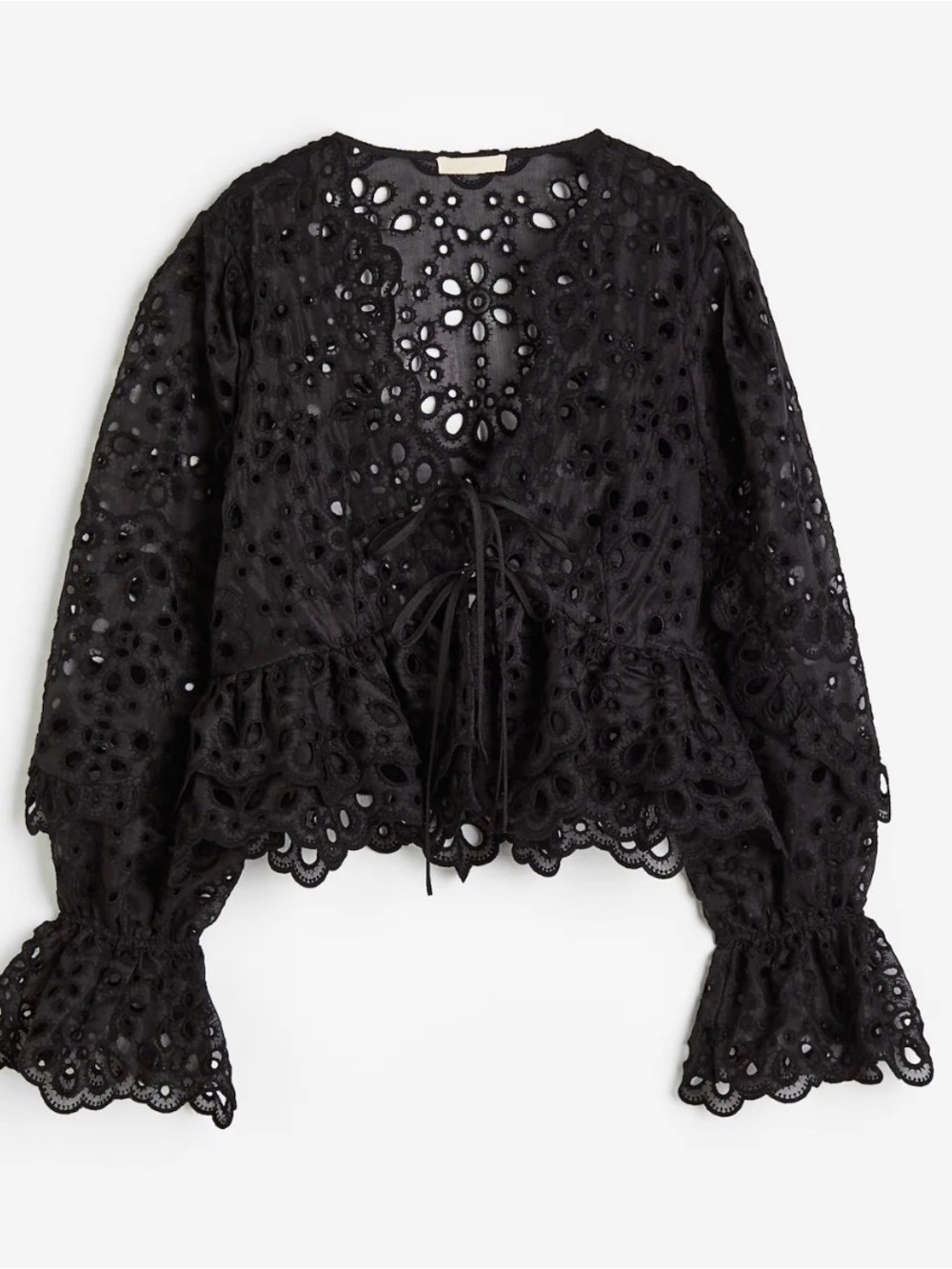 HM Black BRODERIE ANGLAISE BLOUSE Eyelet Lace Tie-Front Blouse. XL. NWT